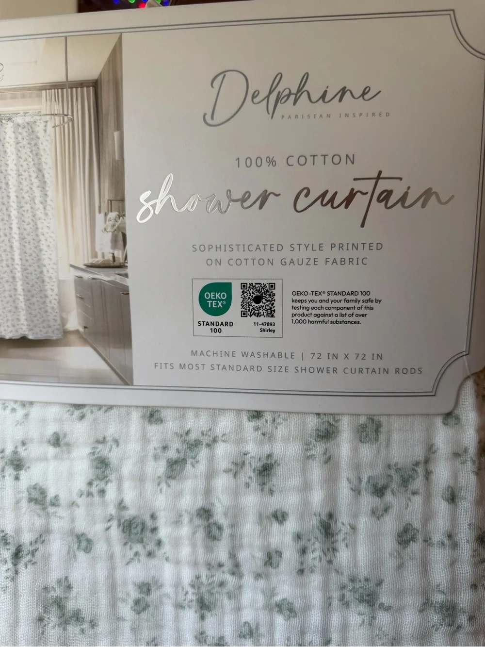 Delphine cotton gauze lace hem green floral rose vintage style Shower Curtan